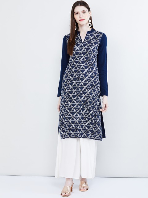 

max Women Blue Printed Straight Kurta