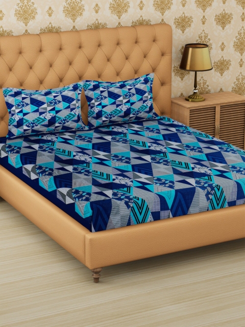

METRO LIVING Blue Geometric 120 TC Cotton 1 Queen Bedsheet with 2 Pillow Covers
