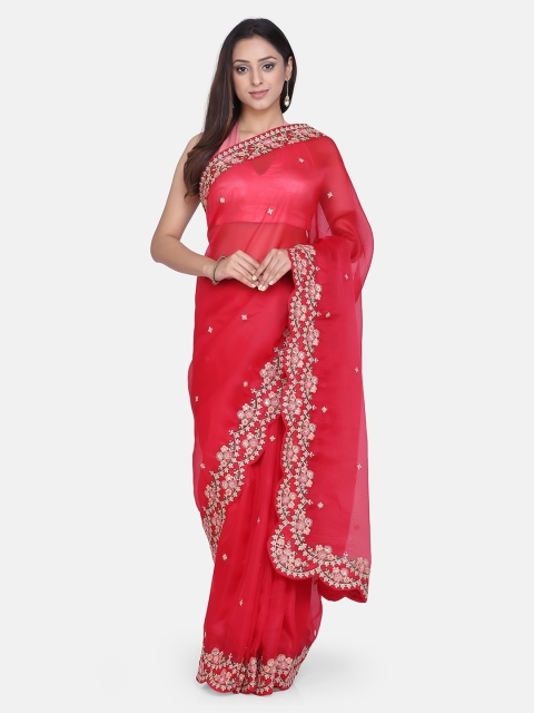

BOMBAY SELECTIONS Red Organza Embroidered Dharmavaram Saree