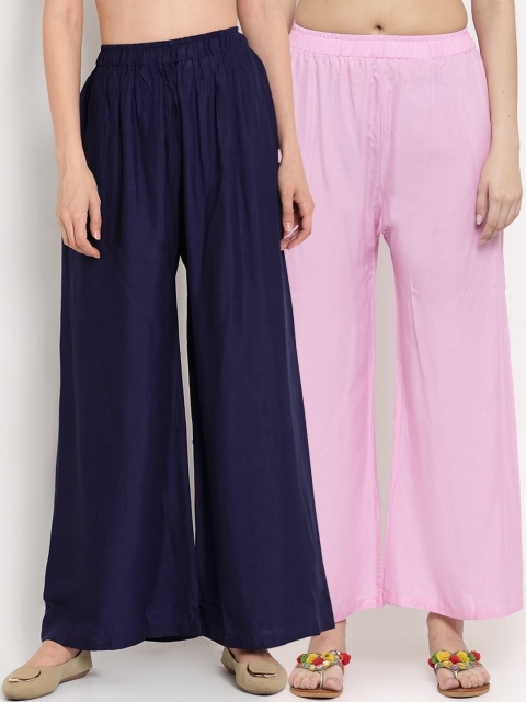 

TAG 7 Women Pack Of 2 Pink & Navy Blue Solid Flared Palazzos