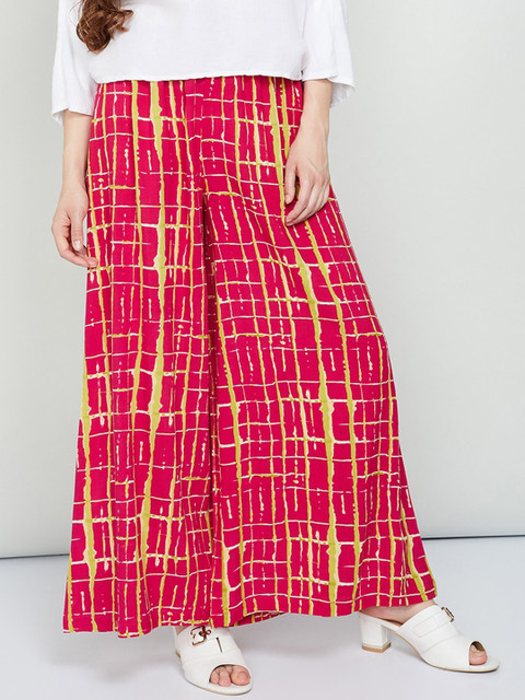 

max Women Lime Green & Pink Checked Wide Leg Palazzos