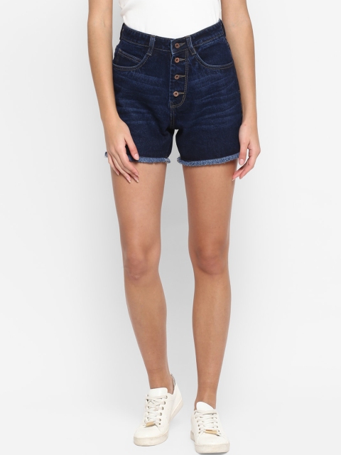 

FOSH Women Navy Blue Solid Regular Fit Denim Shorts