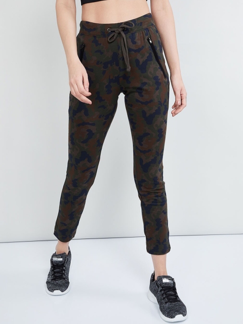 

max Women Olive Green & Blue Camouflage Printed Slim-Fit Track Pants
