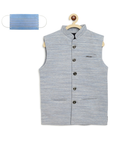

Lil Tomatoes Boys Blue Woven Design Pure Cotton Nehru Jacket With 3-Ply Surgical Mask