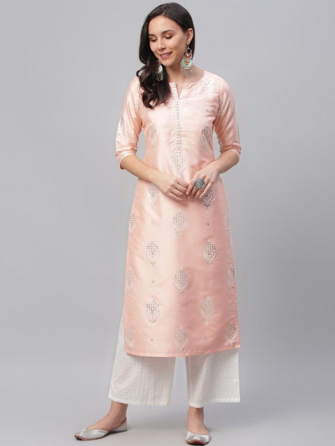 Libas Women Pink & White Printed Straight Kurta