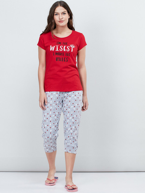 

max Women Red & Grey Printed Night suit