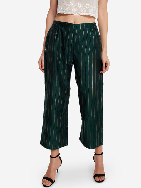 

Desi Weavess Women Green Striped Straight Palazzos