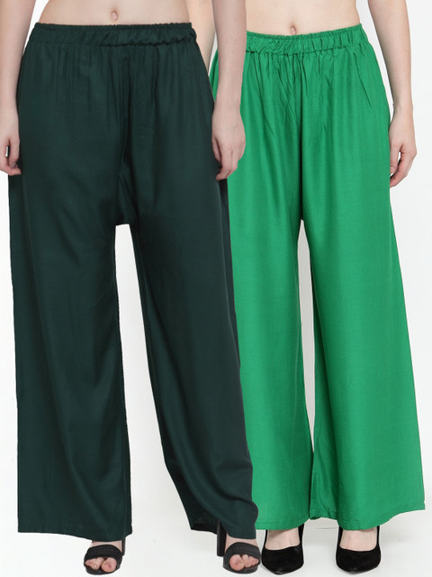 

TAG 7 Women Pack Of 2 Green & Black Solid Flared Palazzos