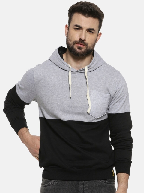 

Campus Sutra Men Black & Grey Colourblocked Hooded Sweatshirt