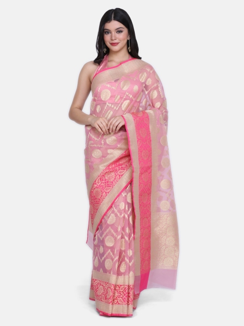 BOMBAY SELECTIONS Pink & Gold-Toned Silk Blend Woven Design Banarasi Saree
