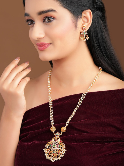 

Rubans Gold-Plated Off-White & Green Ruby & Stone-Studded Pearl Beaded Handcrafted Jewellery Set