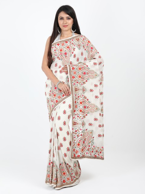 

SABOO COLLECTIONS White & Red Pure Silk Embroidered Saree