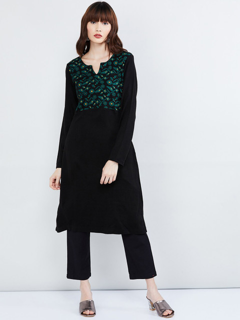 

max Women Black & Green Floral Print Straight Kurta