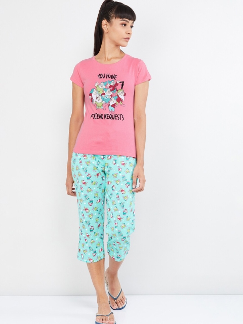 max Women Pink & Turquoise Blue Printed Night suit