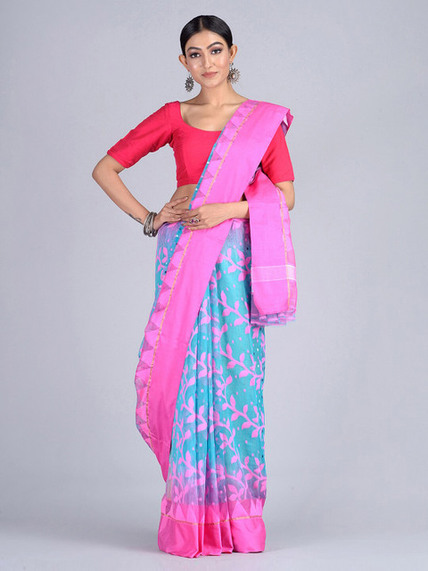 

Mitera Turquoise Blue & Pink Silk Cotton Woven Design Jamdani Saree
