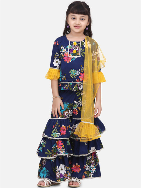

Cutiekins Girls Navy Blue & Yellow Printed Kurta with Sharara & Dupatta
