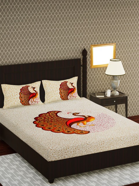 

METRO LIVING Off-White & Orange Graphic 104 TC Cotton 1 Queen Bedsheet with 2 Pillow Covers