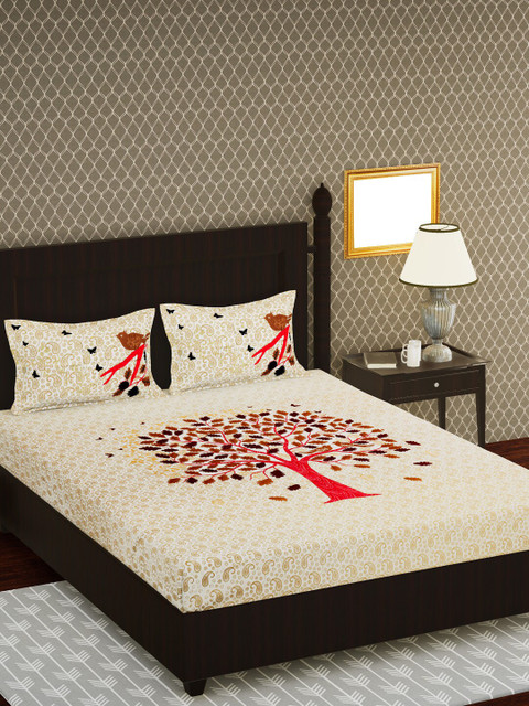 

METRO LIVING Beige & Red Floral 104 TC Cotton 1 Queen Bedsheet with 2 Pillow Covers