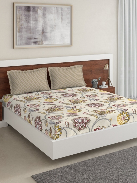 

DDecor Beige Floral 144 TC Cotton 1 Queen Bedsheet with 2 Pillow Covers