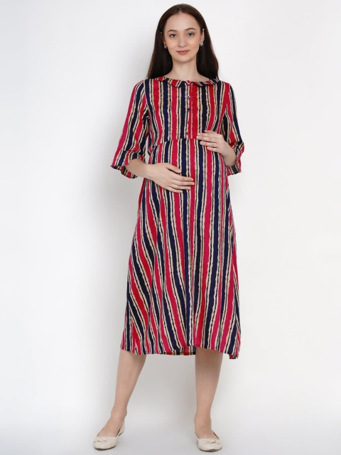 

Mine4Nine Women Red & Navy Blue Striped A-Line Dress