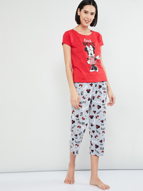 

max Women Red & Black Minnie Mouse Printed Night Suit