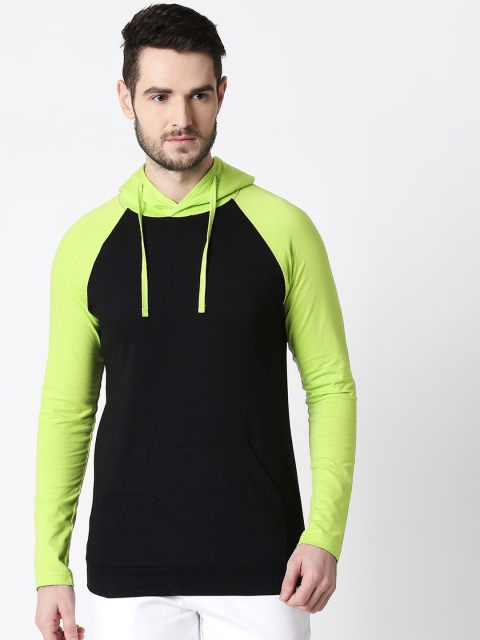 

Bewakoof Men Black & Fluorescent Green Colourblocked Hooded Sweatshirt