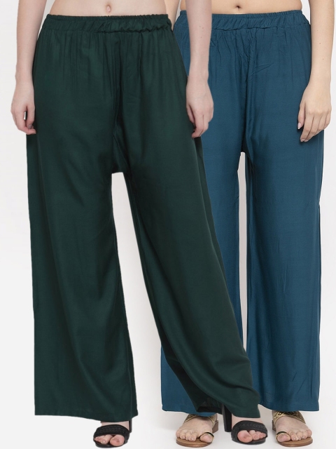 

TAG 7 Women Pack Of 2 Navy Blue & Green Solid Flared Palazzos