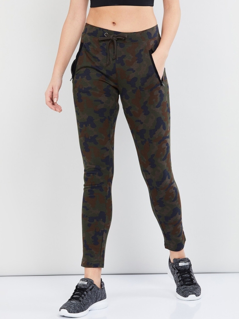 

max Women Olive Green & Blue Camouflage Printed Slim-Fit Track Pants