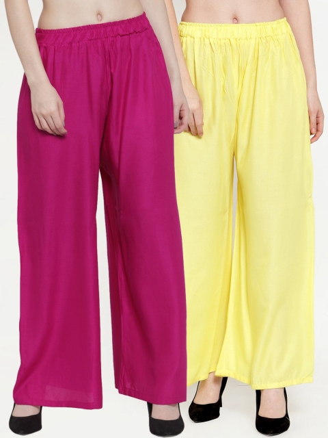 

TAG 7 Women Yellow & Magenta Pack of 2 Solid Flared Palazzos