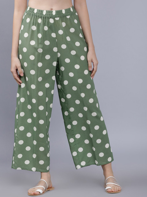 

Vishudh Women Green & White Polka Dots Print Straight Palazzos