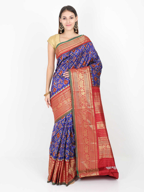 

SABOO COLLECTIONS Blue & Red Pure Silk Printed Kanjeevaram Saree