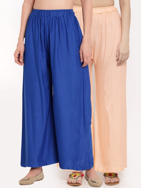 

TAG 7 Women Set Of 2 Peach-Coloured & Blue Solid Wide Leg Palazzos