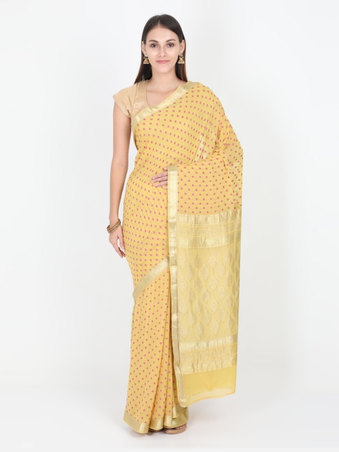 

SABOO COLLECTIONS Yellow & Pink Pure Georgette Printed Saree