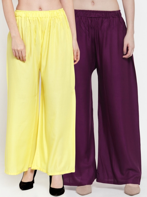 

TAG 7 Women Yellow & Purple Pack of 2 Solid Flared Palazzos