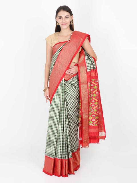 

SABOO COLLECTIONS Cream-Coloured & Green Pure Silk Checked Patola Saree