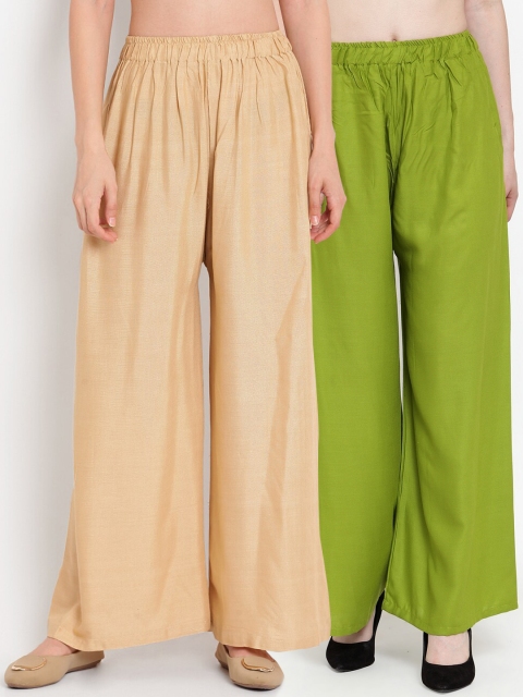 

TAG 7 Women Green & Beige Pack of 2 Solid Flared Palazzos
