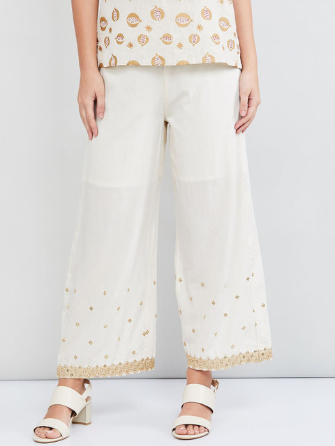 

max Women Off-White Embroidered Wide Leg Palazzos