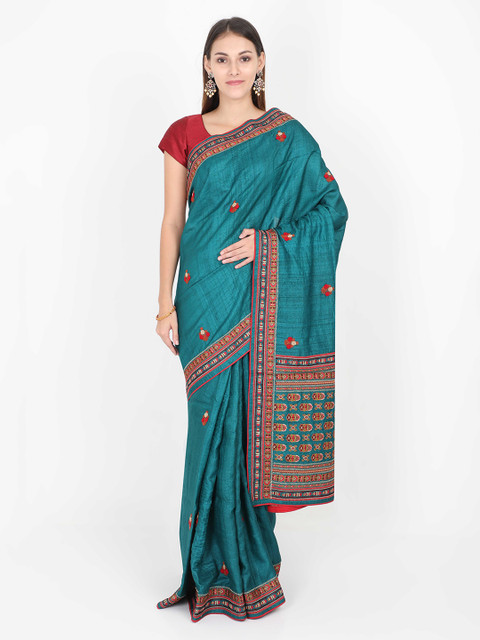 

SABOO COLLECTIONS Teal Blue & Red Pure Silk Printed Tussar Saree