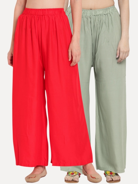 

TAG 7 Women Pack Of 2 Solid Flared Palazzos, Green