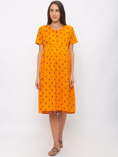 

MomToBe Women Orange & Red Printed Fit & Flare Maternity Dress