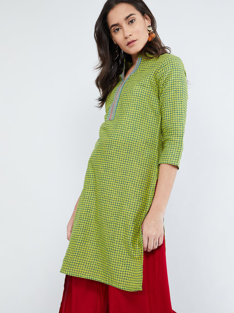 

max Women Green Checked Straight Kurta