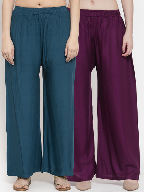 

TAG 7 Women Teal Blue & Purple Pack of 2 Solid Flared Palazzos