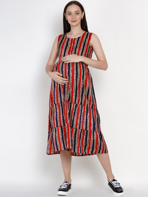 

Mine4Nine Women Red Striped A-Line Maternity Dress