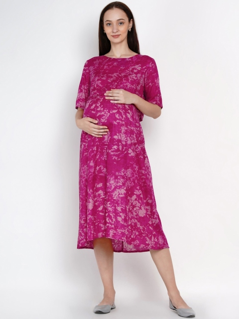 

Mine4Nine Women Pink Printed Fit and Flare Maternity Dress