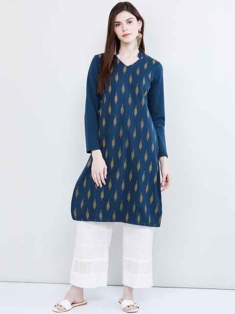 

max Women Navy Blue & Yellow Printed Straight Kurta