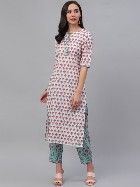 

GERUA Women White & Pink Printed Kurta with Trousers