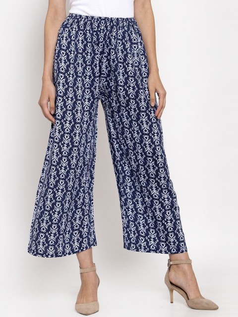 

TAG 7 Women Navy Blue & White Printed Flared Palazzos