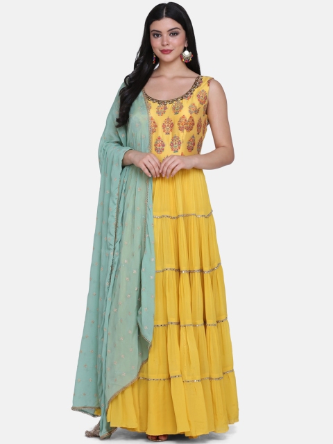 

BOMBAY SELECTIONS Women Yellow & Sea Green Woven Design Kurta with Sharara & Dupatta