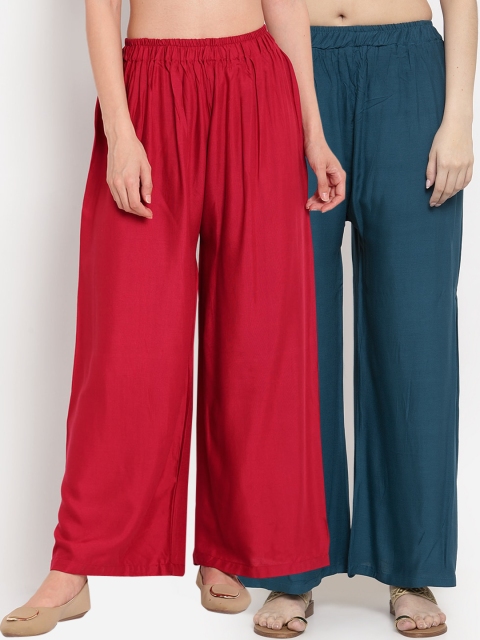 

TAG 7 Women Pack Of 2 Blue & Maroon Solid Flared Palazzos