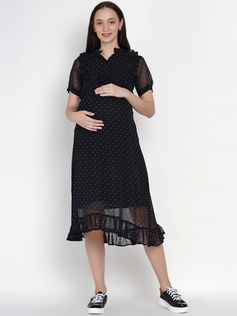 Mine4Nine Women Navy Blue Polka Dot Printed Fit and Flare Dress
